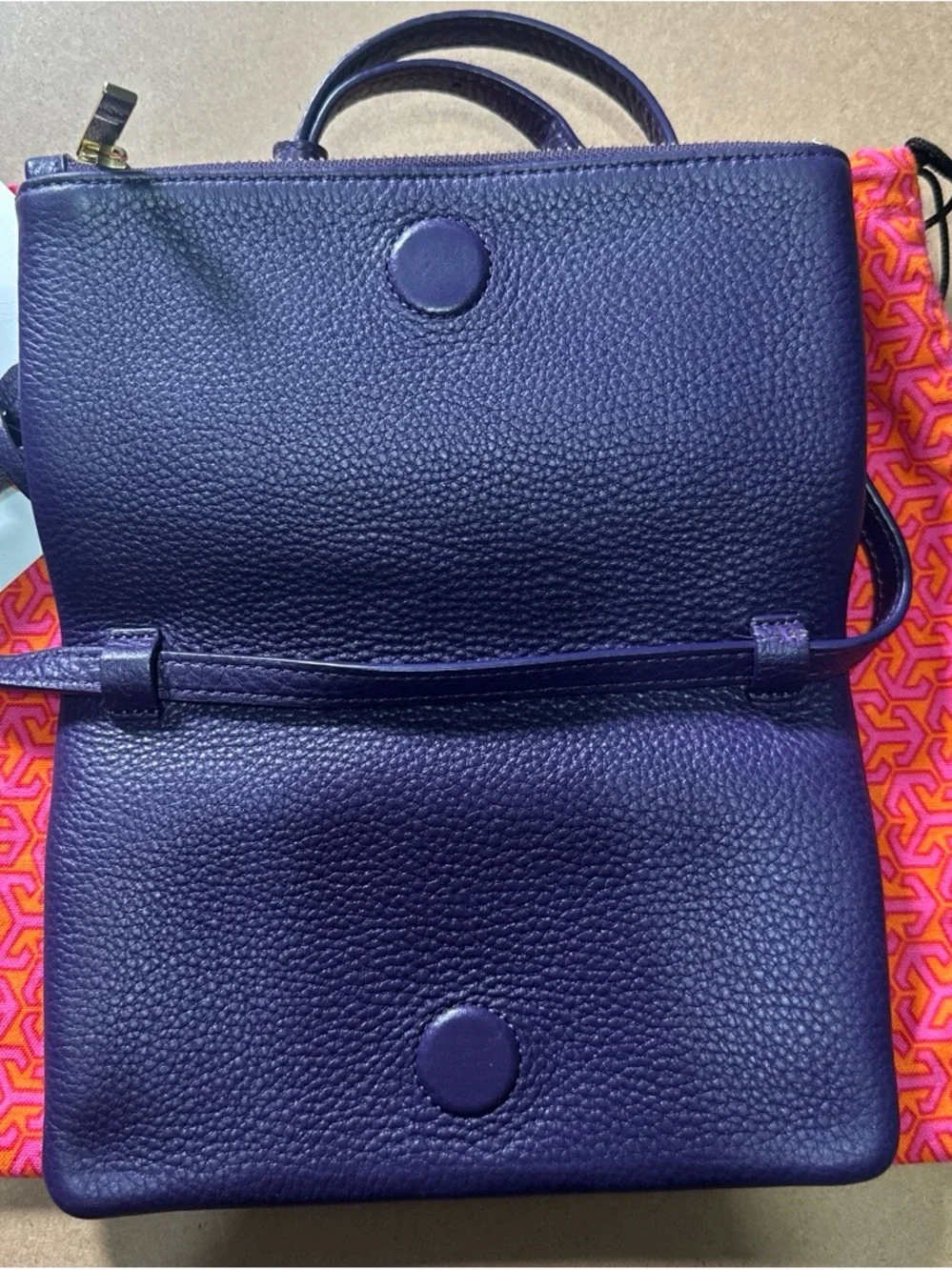 Tory Burch Robinson Foldover Crossbody Bag Purple Pebbled Leather Tassel